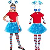 LCTWFY Girls Tutu Dress Set, Kids Red T Shirt, Blue Skirt, Glasses, Headband, Striped Gloves/Socks for Halloween Cosplay