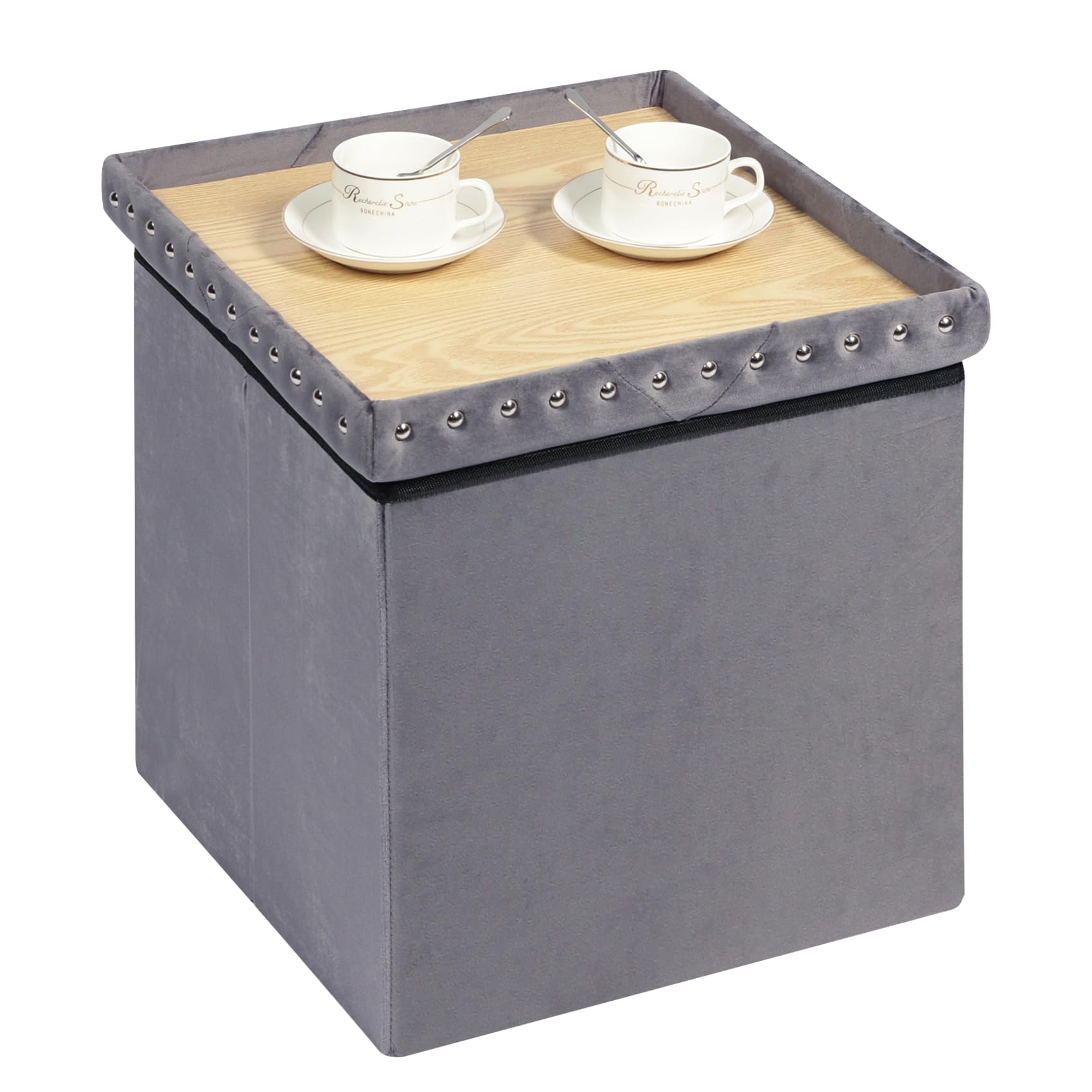 Bonlife Velvet Ottoman with Storage,Folding Coffee Table with Seat,Cube Storage Boxes with Lids,Footstool for Living Room,Grey,40x40x40cm