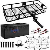 PINGDIR Folding Hitch Mount Cargo Carrier Hitch Rack Basket 60"*21.5"*6" Hauling Weight Capacity of 500 Lbs, Waterproof Cargo Bag 58" 19" 24", with Hitch Stabilizer,Cargo Net and Ratchet Straps