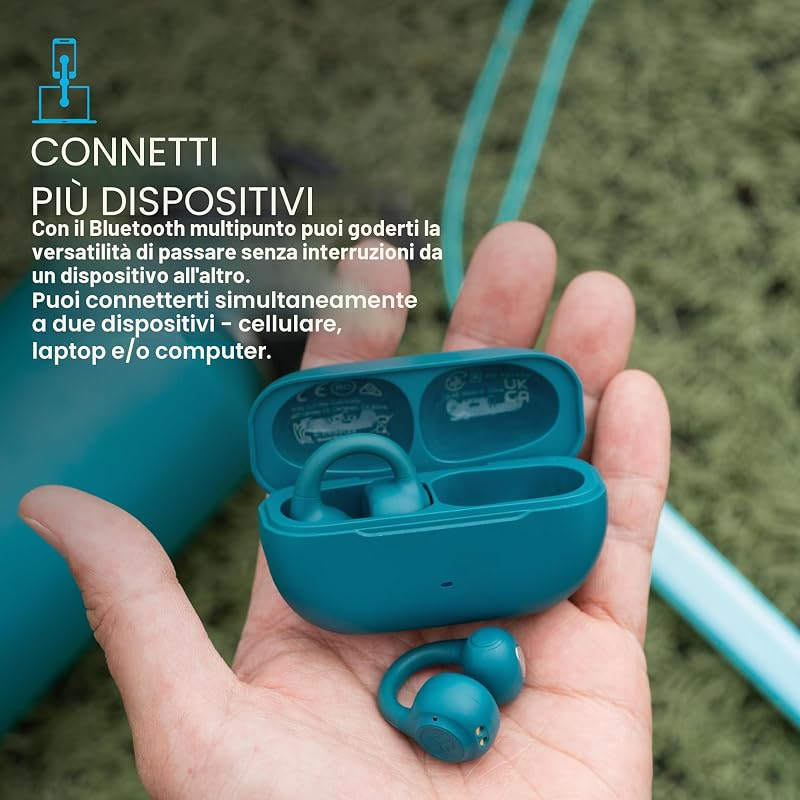 Flex Cuffie Open Ear - Auricolari Open Ear Wireless, Design con Clip, 21H di Autonomia, Auricolari con Bluetooth Multipoint, Microfono MEMS, Personalizzazione con App, Verde Acqua