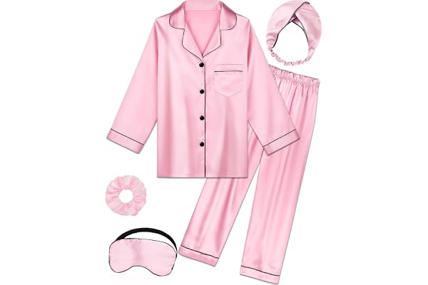 ALHAVONE Kids Silk Pajamas Girls Satin Pajamas Long Sleeve Girls Pjs Set | Size 5-12 Years, button-down top with pocket, elas