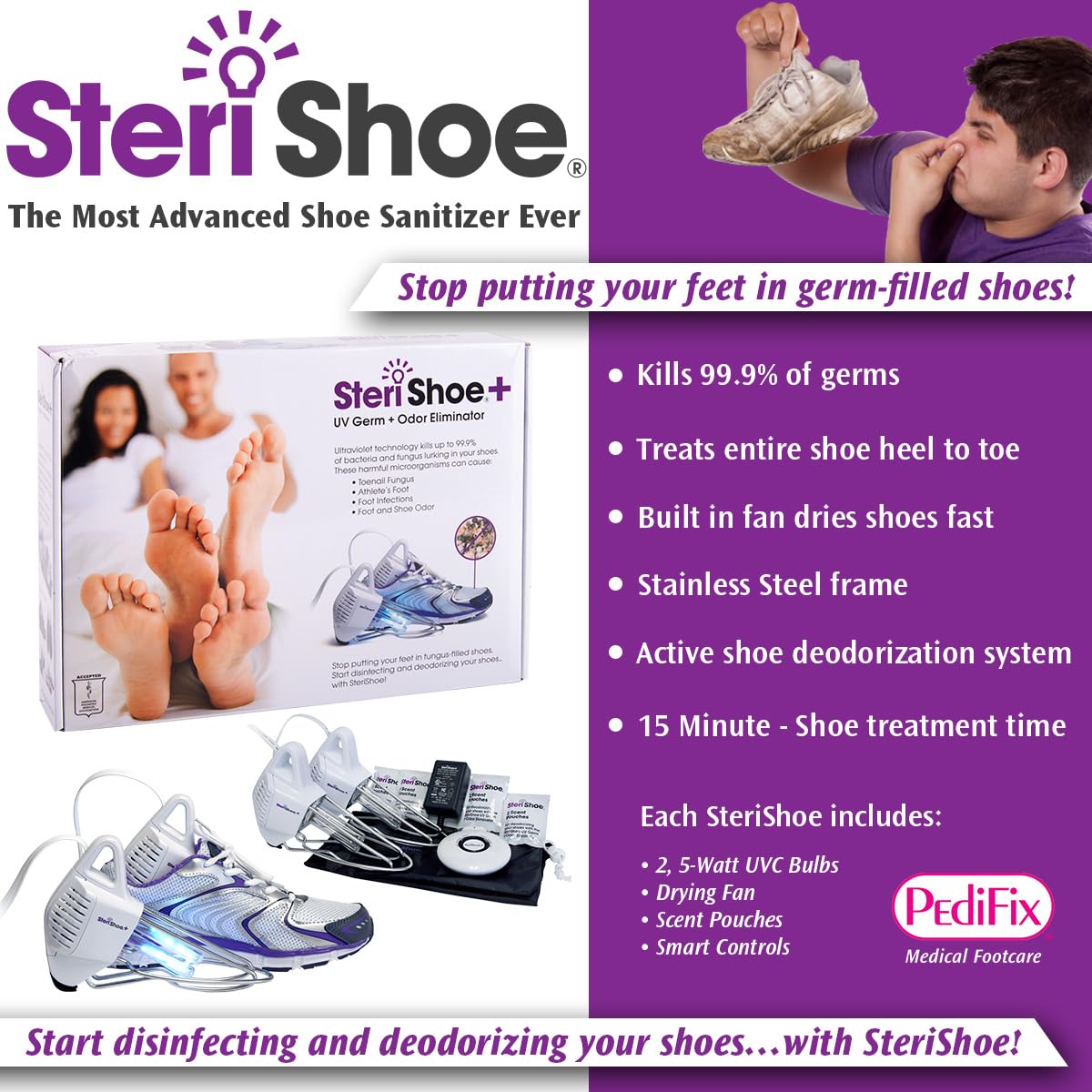 SteriShoe SteriShoe UV Shoe Sanitizer and Deodorizer – Ultraviolet Light Sterilizer for Sneakers, Boots, and Dress Shoes – Kills Odor-Causing Bacteria and Toenail Fungus Germs for Fresh, Clean Feet