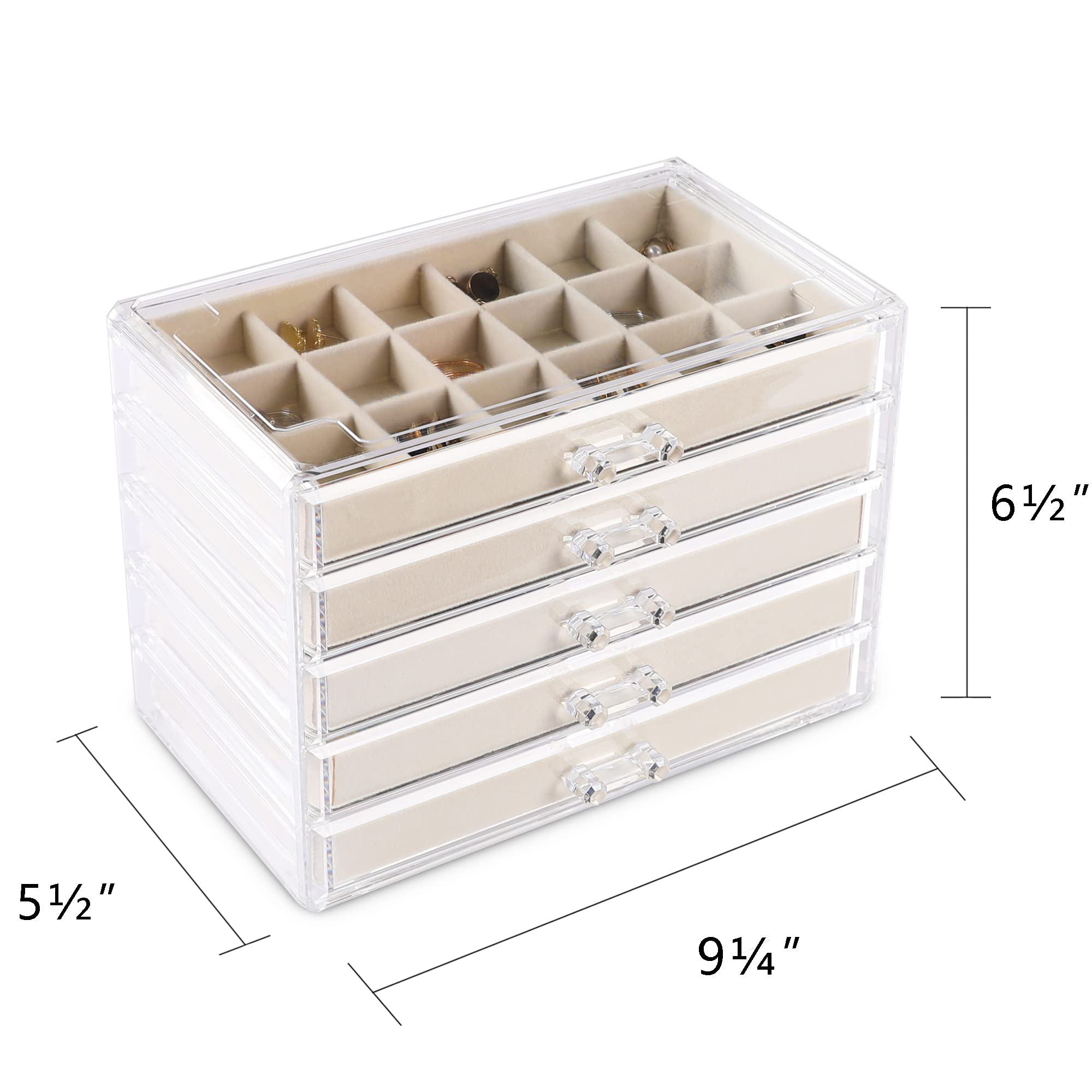 Frebeauty Frebeauty Acrylic Jewelry Organizer Earring Organizer Box with 5 Drawers Earring Holder Organizer with Velvet Trays Clear Jewelry Box for Women Earring Display for Rings Studs(Beige)