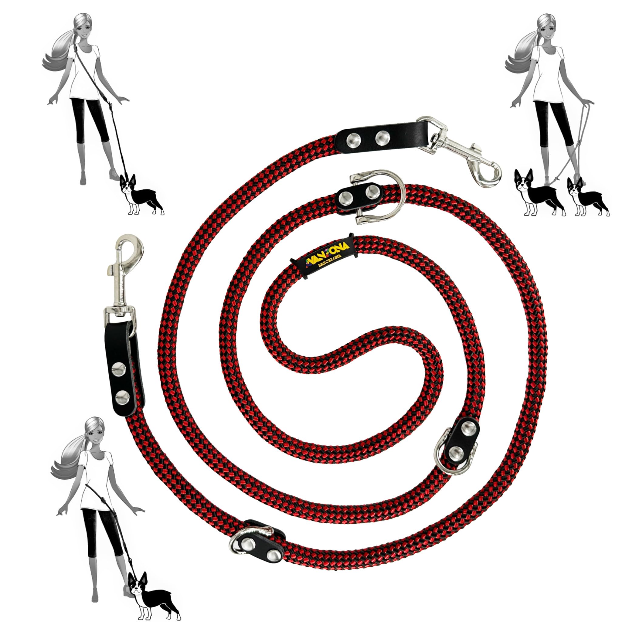 Hands Free Dog Lead. Double Ended, MultiFunction, Multiposition, for 2 Dogs, Small Medium Large. Rope and Leather, Made in Spain. Red Black & Black. — image 1