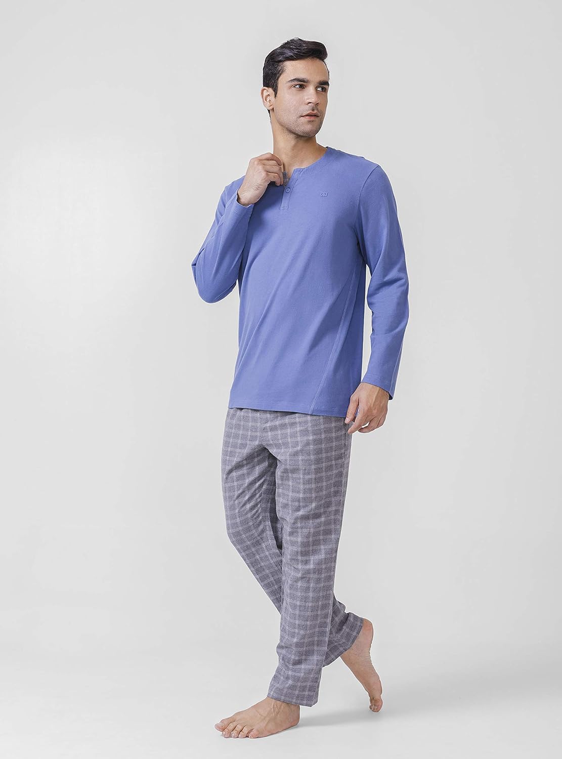 DAVID ARCHY Men's Cotton Pajamas Henley Collar Sleepwear Soft Classic Button-Down Woven Long Sleeve Set: Clothing