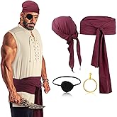 Boyiee 5 Pcs Men Pirate Costume Set for Women Adult Medieval Renaissance Shirt Bandana Sash Belt for Halloween Cosplay Party