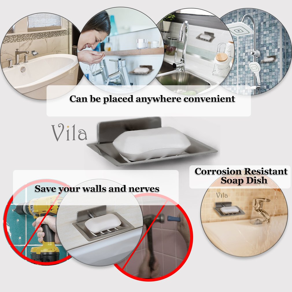 Stainless Steel Shower Soap Dish Holder by Vila -- Helps your soap last longer - Stylishly prevents pathogen growth in Bathrooms - Lightweight, Practical - Easy to Install with Included Sticker