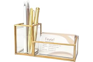 Feyarl Gold Glass Business Card Holder Pen Pencil Holder Desktop Business Name Card Office Accessory Display Stand Organizer 