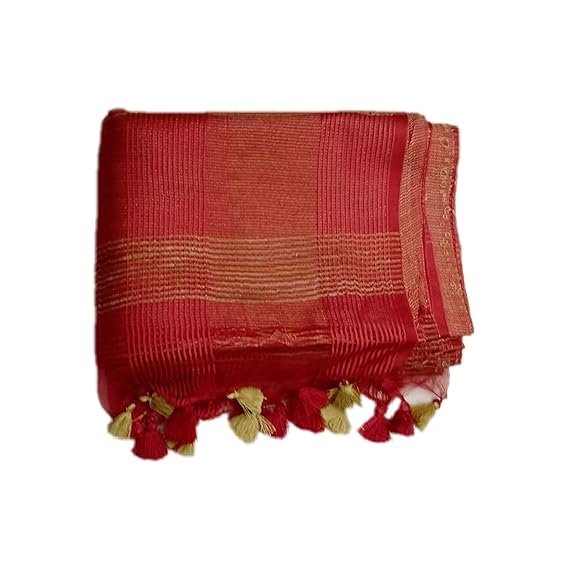Women's Bhagalpuri Organza Jute Red Color Saree with Running Blouse Piece
