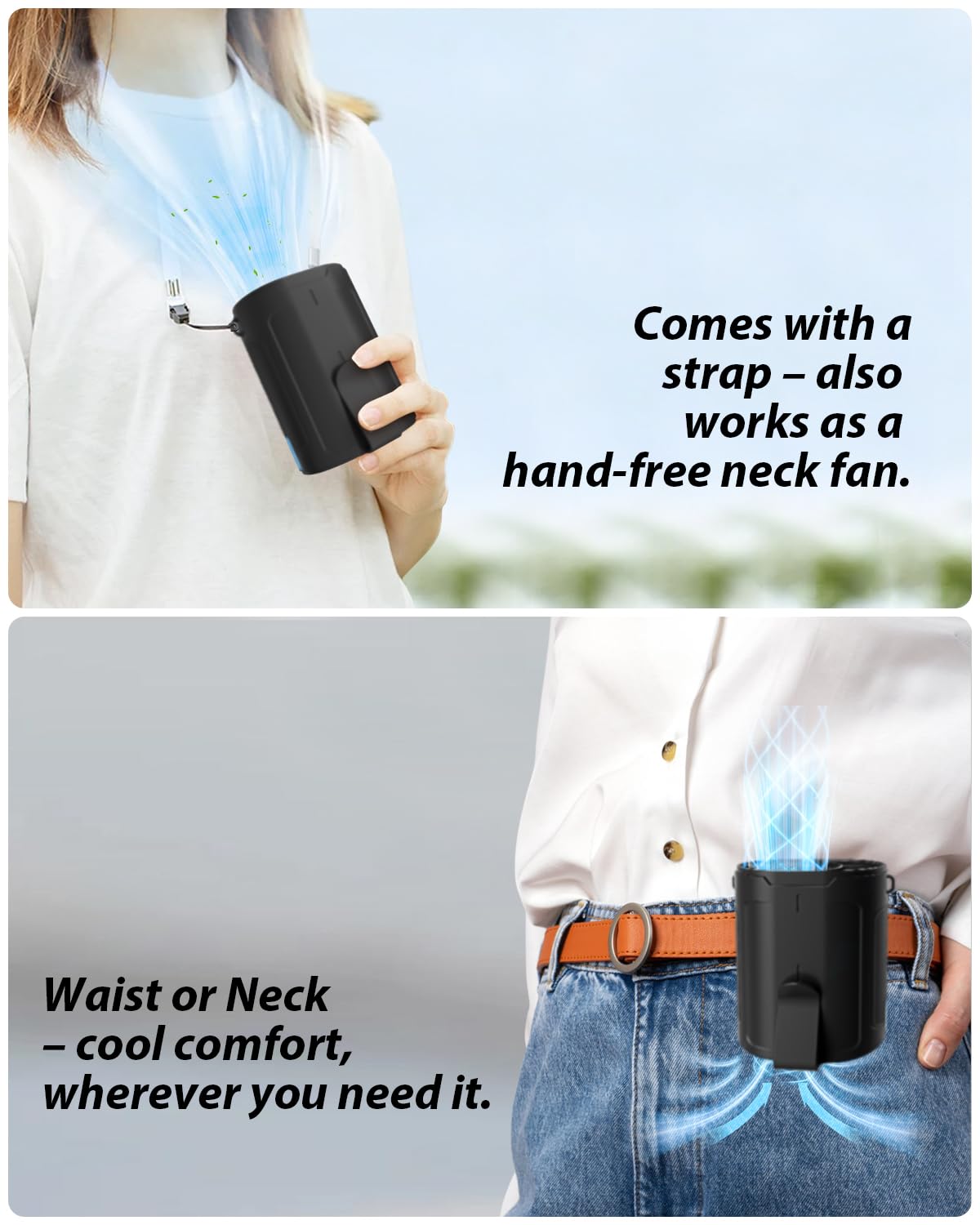 BARITO Portable Waist Fan, Wearable Shirt Fan Rechargeable with 25H Battery Life, 6600RPM Strong Wind, 4-in-1 Hands-Free Cool Clip Fan Under Shirt Quiet & Portable – For Work, Travel, Outdoors - Black