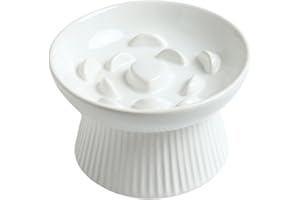 LE SERVETA Ceramic Slow Feeder Cat Bowl, Raised Puzzle Feeder, Anti Vomiting Cat Slow Feeder, Elevated Food Bowl, Whisker Friendly Cat Bowl (White)