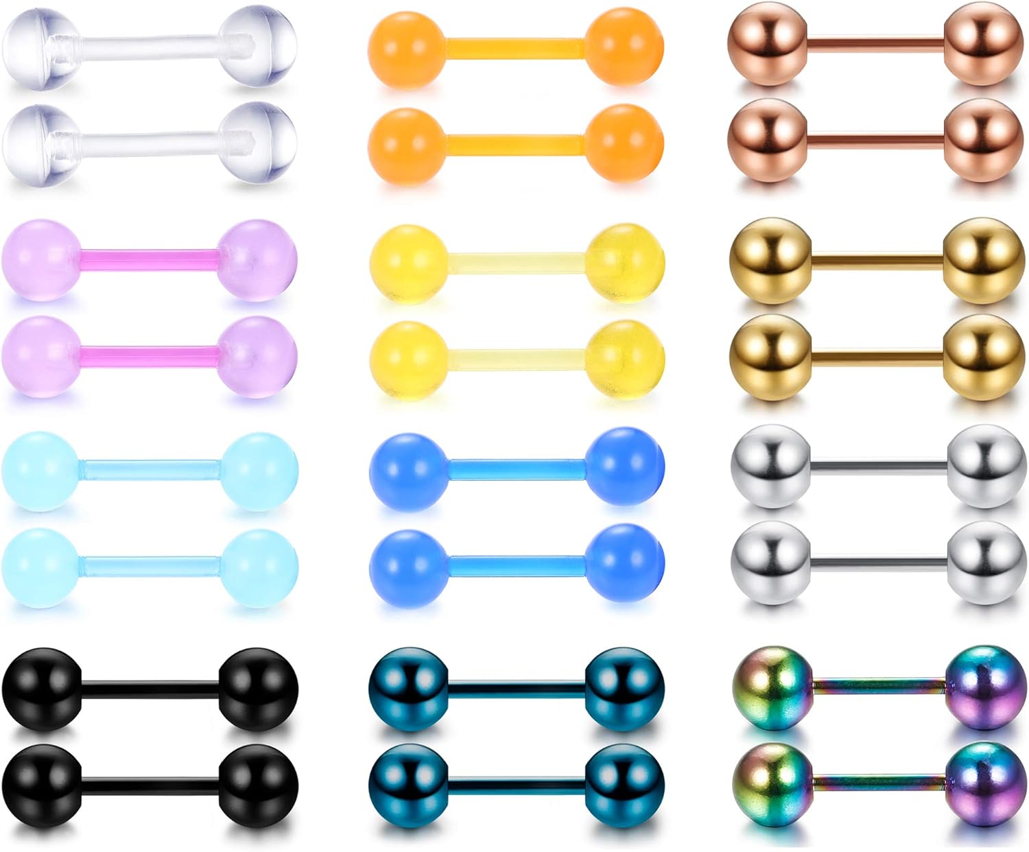 Hanpabum 16g 1216mm 12pairs Surgical Steel & Acrylic Tongue Nipple