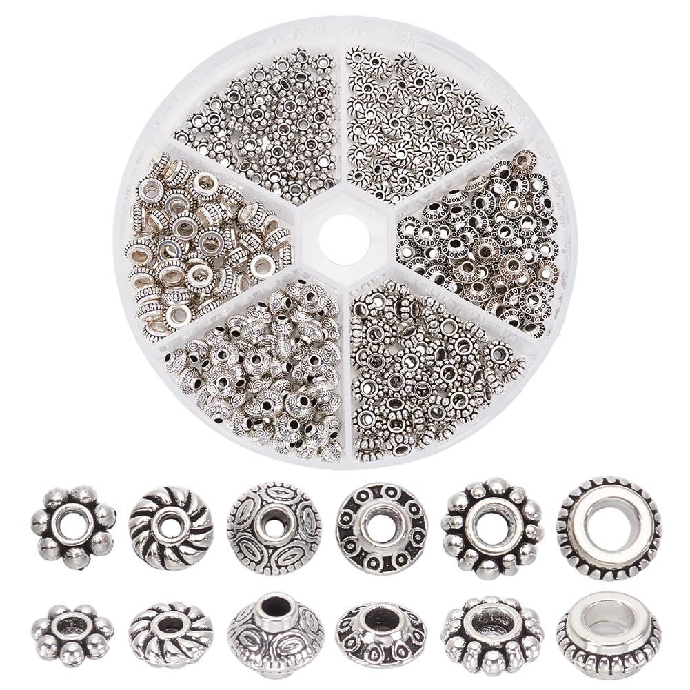 PH PandaHall 300pcs 6 Styles Spacer Beads Tibetan Style Ring Spacers Flower Spacers Rondelle Craft Beads Alloy Loose Beads for Bracelet Necklace Jewellery Making, Hole: 1-3.5mm