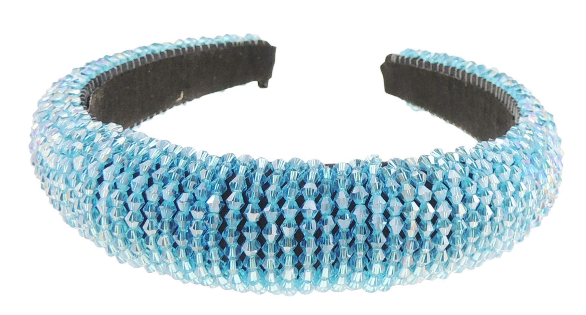 Womens Sparkly Beaded Rhinestone Embellished Jeweled Crystal Wide Bump Thick Padded Evening Formal Occasion Christmas Birthday Wedding Bridal Party Headband Hair Alice Band Hairband (Turquoise)