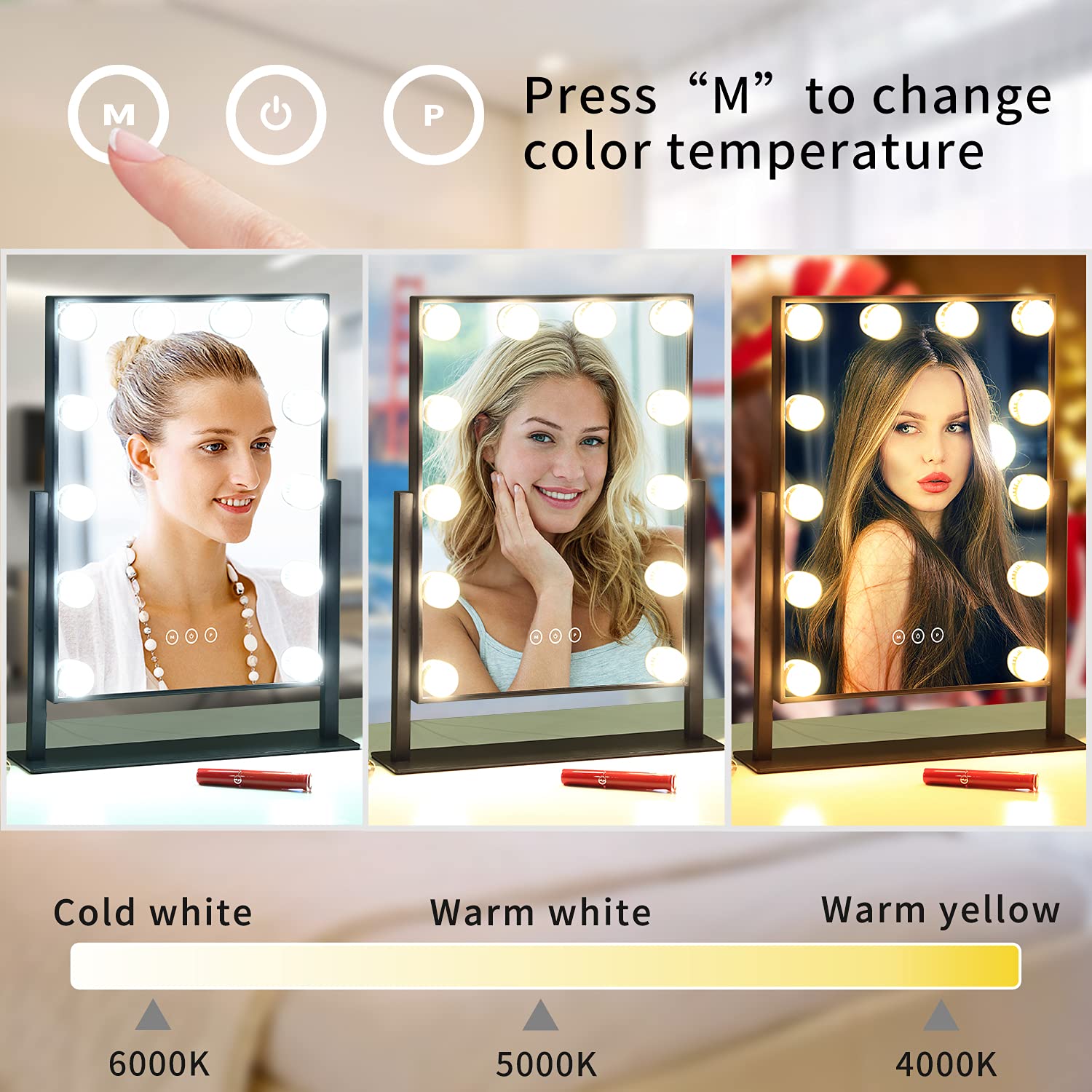 NUSVAN Vanity Mirror with Lights,Makeup Mirror with Lights,3 Color Lighting Modes Detachable 10X Magnification Mirror Touch Control,360°Rotation,White