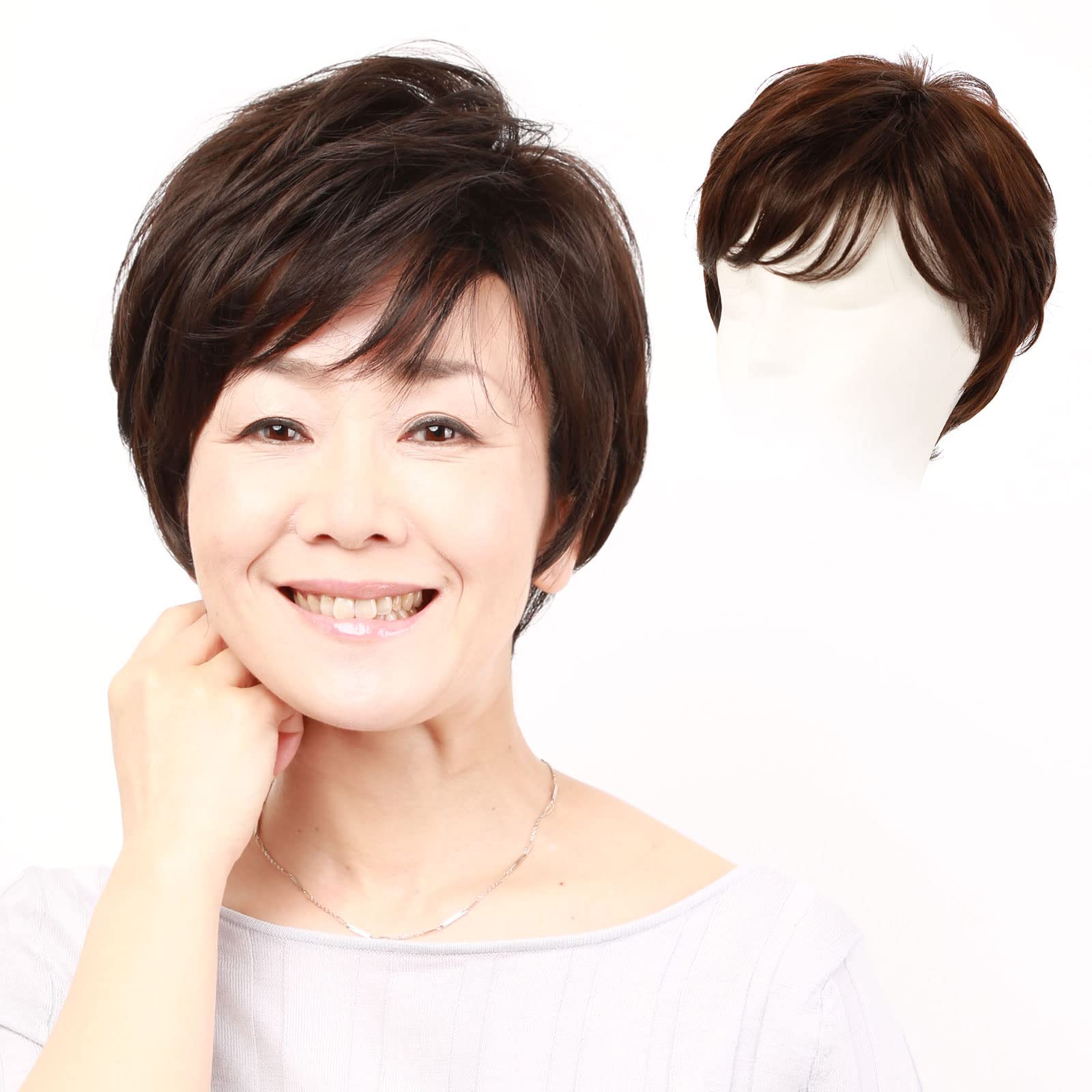 Photo 1 of igennki Short Layered Curly Wigs for Women with Hair Loss Heat Resistant Synthetic Fiber Human Hair Blend S004 IUS004H (Human Hair Blend+Medical Base, 3 Brown)