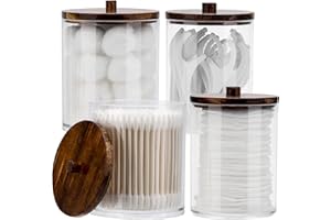 Tbestmax 4 Pack Qtip Holder Dispenser Cotton Ball, Cotton Swab, Floss - 12oz, 10 oz Clear Plastic Apothecary Jars for Bathroom Organizer and Storage Containers (Brown Wood Lids)