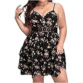 Floerns Women's Plus Size Floral Sleeveless Cami Dress Lace Insert Tiered Swing Dresses