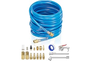 LIMODOT 1/4'' Quick-connect Air Accessory Kit - Pneumatic Air Compressor Hose Tool Set Including 25ft. Coiled Hose, Blow Gun, Tire Gauge, Air Nozzle, Air Compressor Accessories for Air Inflation and Dedusting