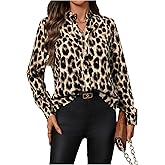 SHENHE Women's Cheetah Print Notch V Neck Blouse Long Sleeve Office Loose Fit Tops