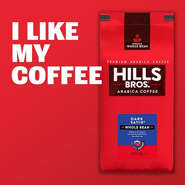 HILLS BROS. DARK SATIN WHOLE BEAN COFFEE – RICH AND BOLD PREMIUM ARABICA COFFEE BEANS – ORTHODOX UNION KOSHER – DARK ROAST, FRESH GRIND FOR BEST AROMA & TASTE – DARK SATIN, 1 PACK OF 24OZ