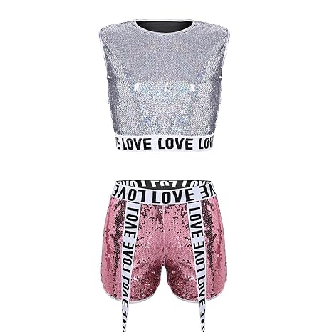 Alvivi Damen Sport Zweiteiler Sommer Fitness Outfit Glitzer Crop Top mit Shorts Sparkle & Shine Tanzkleid Pailletten Party Cl