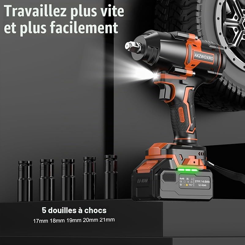 Clé à Chocs Sans Fil 1000N.m, Brushless Boulonneuse a Choc Electrique avec 4,0 Ah Batterie, 5 Douilles à Chocs, 21V Visseuse à Chocs avec pour Boulonner et Déboulonner