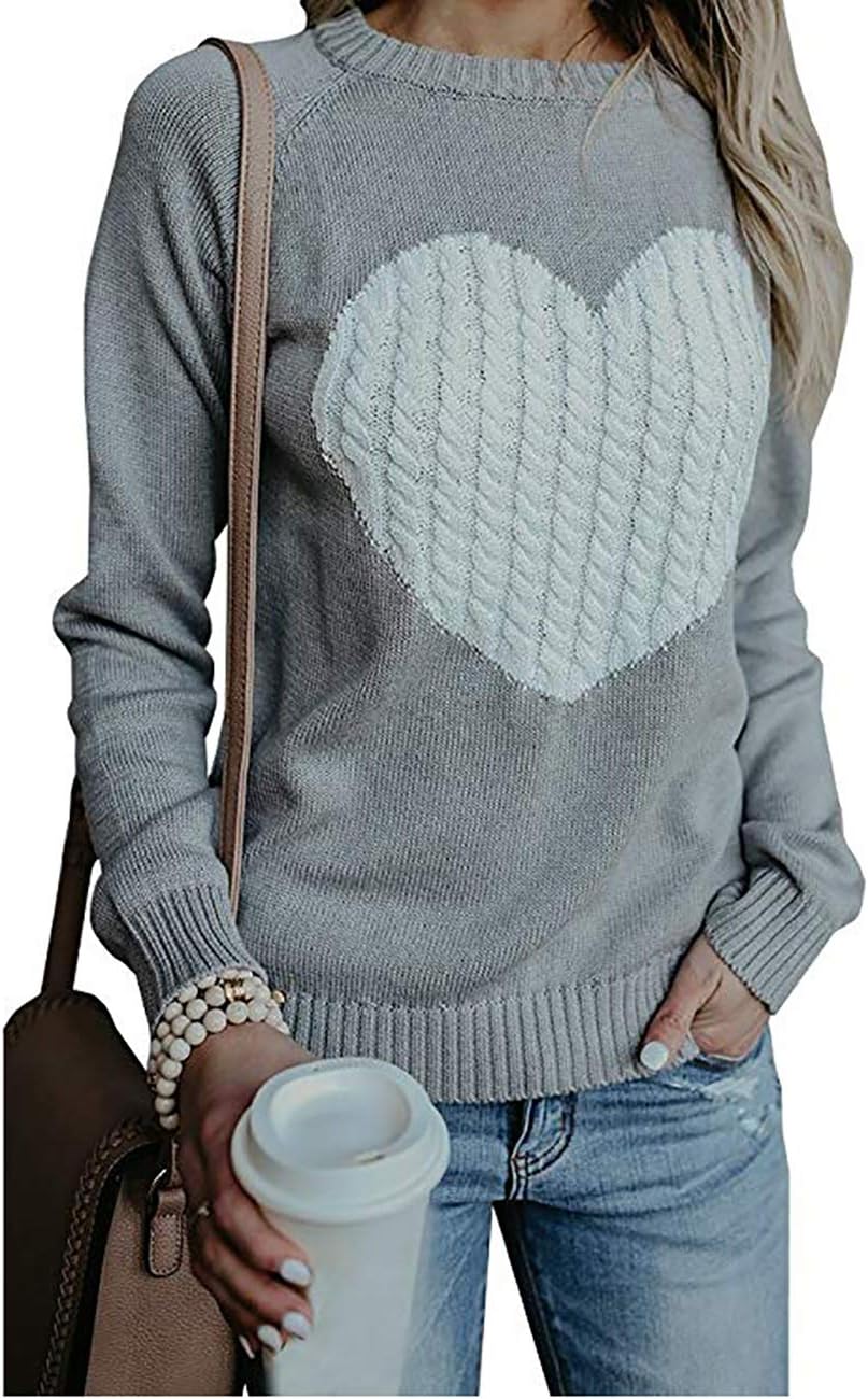 shermieWomen's Pullover Sweaters Long Sleeve Crew Neck Casual Front Big Cute Heart Sweater