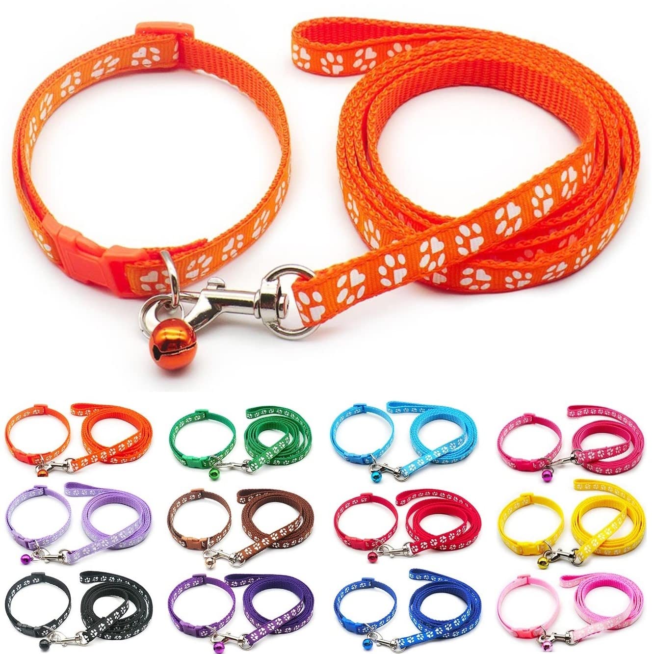 Small Dog Puppy Pet Collar and Lead Set Pawprint Design Nylon Adjustable Size 19-32cm Collar with Bell and 120cm Leash Orange — image 1