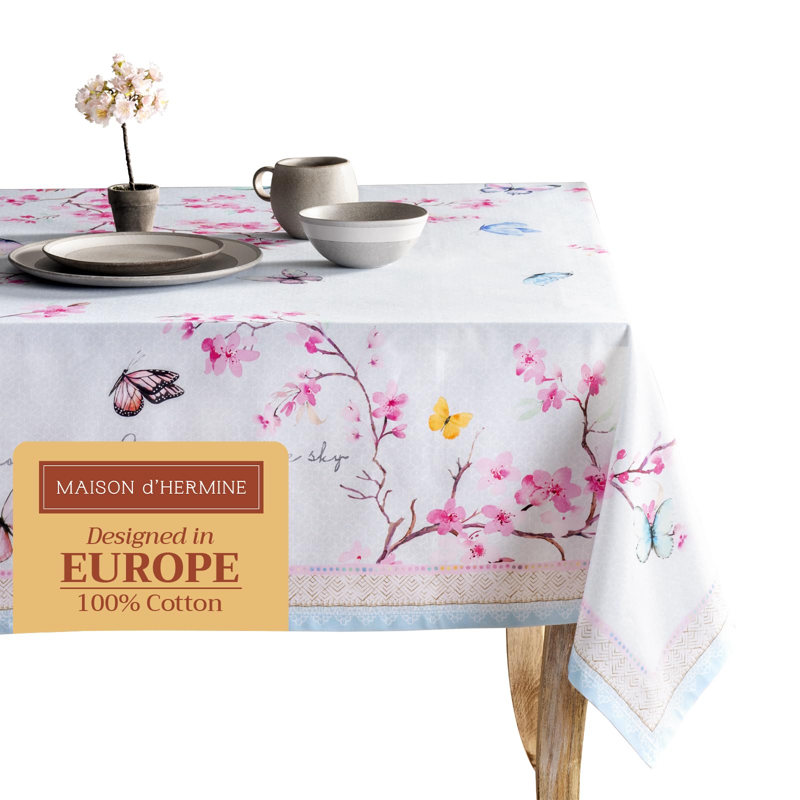 Maison d' Hermine Table Cloth Rectangle Table 100% Cotton 230 cm x 140 cm Tablecloth Reusable Everyday Use for Dining Farmhouse Home Party Festive Gifts for Mothers Day (Blossoms In Spring)