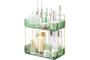 GHWMYD 2-Tier Bathroom Organizer Countertop with Toothbrush Holder, Vanity Organizer and Perfume Organizer, Organizer Tray for Bathroom, Dresser and Kitchen, Green