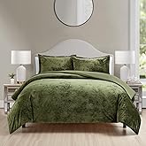 Luxury Velvet Queen Comforter Set, 3 Pieces Reversible Comforters Queen Size with 2 Pillow Shams, Brushed Solid Microfiber Back, All Season Cozy, Soft, Warm, Lightweight (Olive Green, 90x90 Inch)