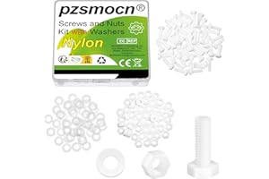 Pzsmocn 150 Pieces / 50 Sets M5 White Nylon Screws and Nuts Kit with Nylon Washers. M5 * 15 mm Plastic White Nylon Hex Screws Nylon Insulating Washers and M5 Hex Nuts Kit.