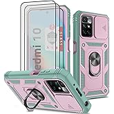 Xiaomi Redmi 10 Case with 3 Pcs Tempered Glass Screen Protector, Built-in Ring Stand Kickstand + Camera Cover, Hard PC & Soft TPU Defender Full Body Protective Armor - Pink/Green