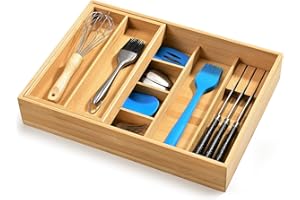 HULISEN Silverware Drawer Organizer with Sliding Top Tray, Double Layer Bamboo Utensil Organizer with Removable Knife Holder,