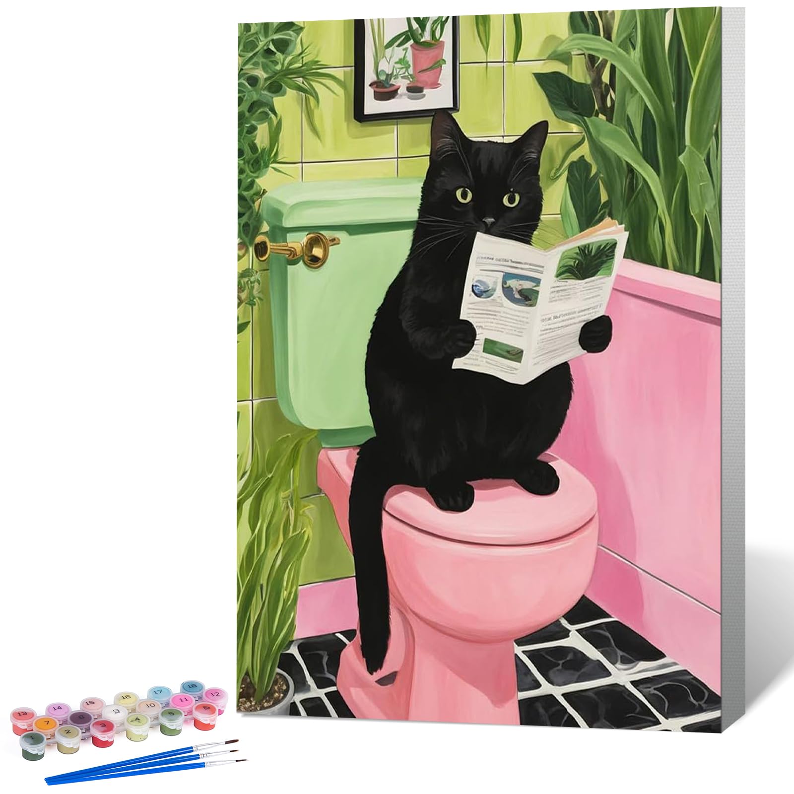 Paint by Numbers for Adults with Frame Black Cat, Painting by Numbers for Adults with Frame Bathroom, DIY Acrylic Framed Adult Paint by Number Canvas Kits, Perfect for Home Decor Gift 8 X 12 Inch