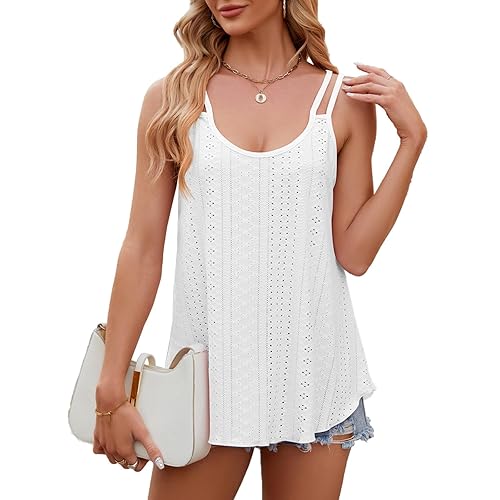 ACKHMJ Womens Plus Size Tank Tops Women's Tank Tops 2025 Eyelet Embroidery Sleeveless Camisole Summer Clothes Scoop Neck Flowy Shirts Womens Clothing Trendy 2025