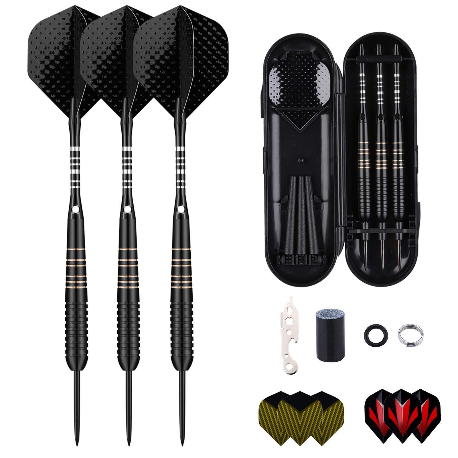 sanfeng Professional 3 Pack 23 Grams Steel Tip Darts Set With Brass Barrel, Black Aluminum Shafts 9pcs Standard Flights + 50pcs Rubber O-Rings + 12pcs Spring Rings + 1pcs Dart Sharpener Tool