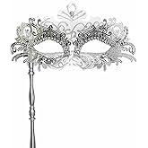 Pretishows Masquerade Mask with Stick Mardi Gras Decorations Mask Venetian Carnival Costume Mask for Party and Halloween