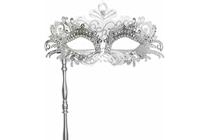 Pretishows Masquerade Mask for Women with Stick Unique White Opera Venetian Masks Mardi Gras Mask