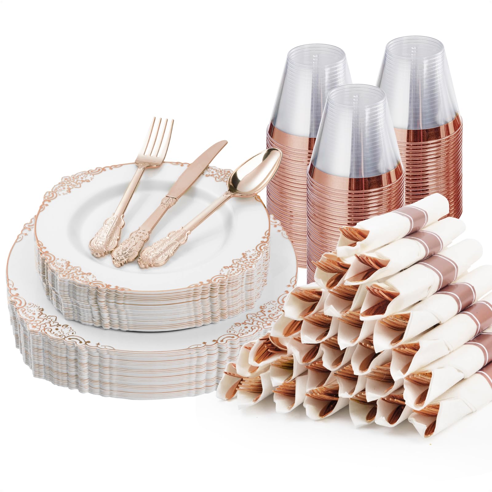 Photo 1 of Bestluck 175PCS Rose Gold Plastic Plates for 25 Guests, Disposable Dinnerware Sets Include 50 Rose Gold Rim Plastic Plates, 25 Silverwares and 25 Cups, 25 Pre Rolled Napkins for Party, Graduation