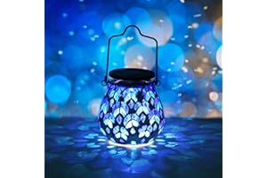 Bshine Mosaic Solar Lantern Outdoor Hanging Waterproof, Blue Mosaic Light Indoor Decorative Table, Garden Decor for Yard Outside, Path, Courtyard, Lawn, Halloween Decor Gift for Mom Gardening, Leaves