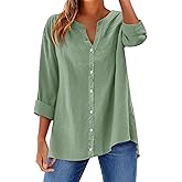 LOMON Womens Button Down Shirts Long Sleeve Cotton Button Up Shirt Linen V Neck Casual Loose Tops Blouses