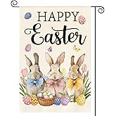 AVOIN colorlife Happy Easter Garden Flag 12x18 Inch Double Sided Outside, Easter Bunny Rabbit and Eggs Yard Outdoor Flag