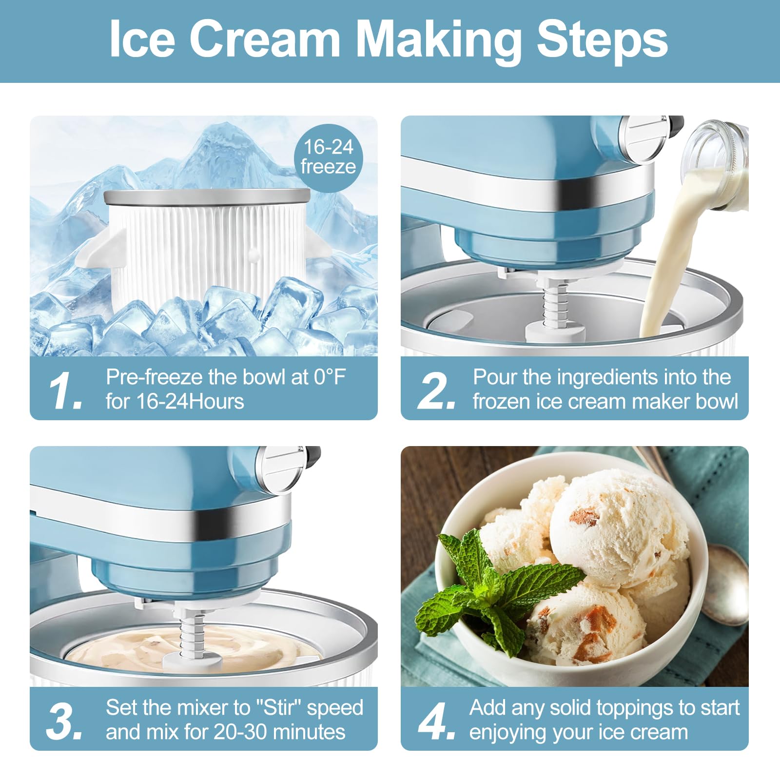 Ice Cream Maker Attachment for Kitchen Aid Stand Mixer, 2 Quart, Ice Cream & Sorbet Gelato Maker Machine, Fits 4.5Qt and Larger Stand Mixers, with 2 Ice Cream Holder