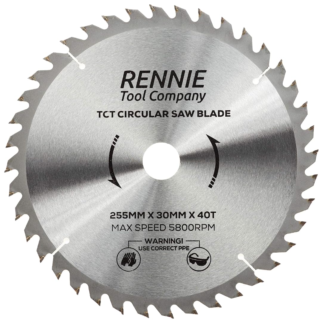 Rennie Tools - 255mm x 30mm x 40T TCT Circular Wood Saw Blade Includes 25mm 20mm & 16mm Bore Reduction Rings. Compatible with Bosch Makita Dewalt Circular Saw Etc. Fits 254mm Circular Saws