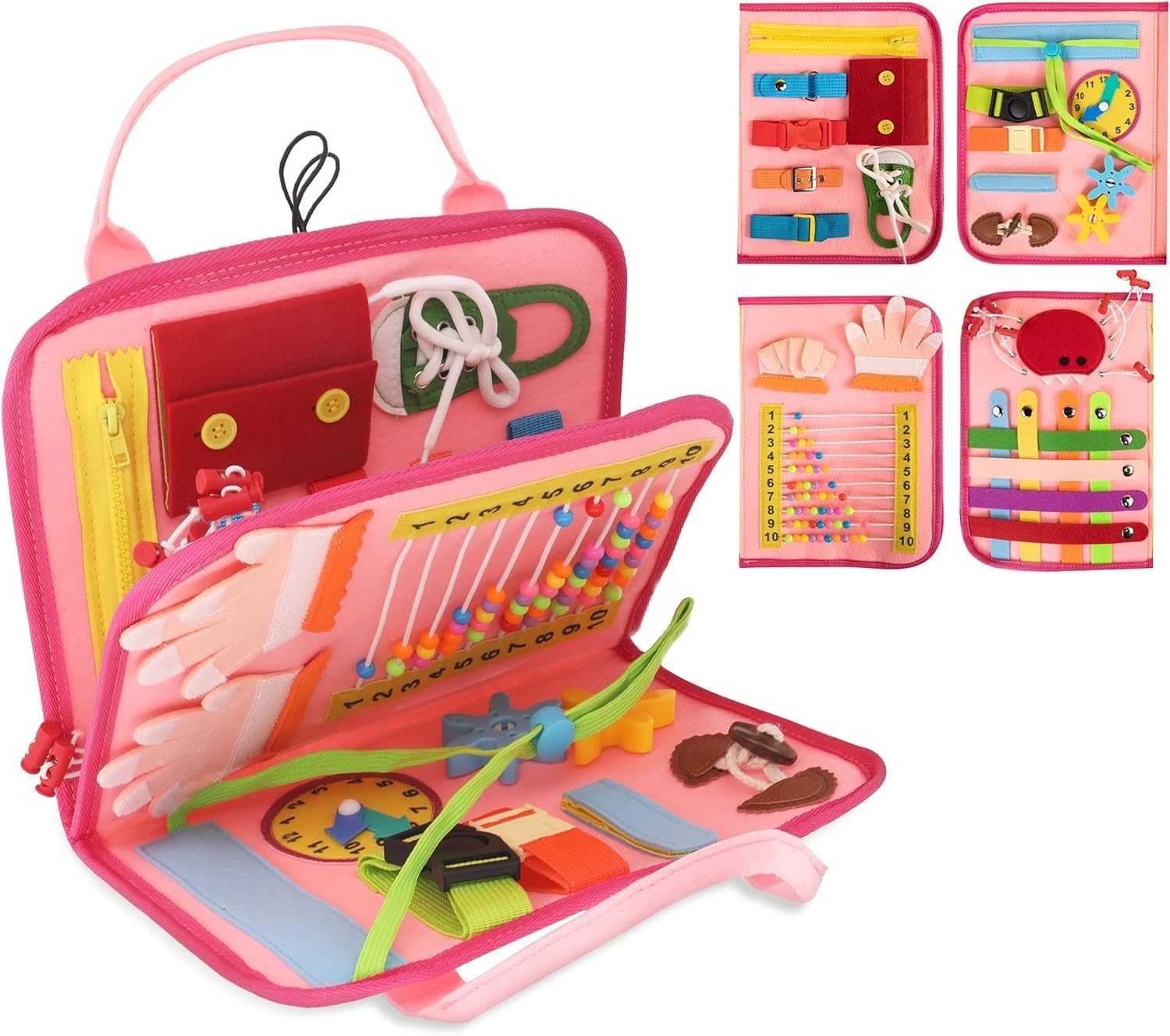 JAGSYJOY Montessori Busy Board Book, Toddlers, Sensory Activities and Preschool Learning - Toy for Home, Airplane and Car Travel (Pink)