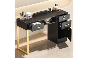 ELEVACHIC Manicure Table Nail Desk for Nail Tech. Manicure Station for Salon/Home, w/Wrist Cushion, Storage Cabinet, Lockable & Open Drawers, Metal Legs, Acetone Resistant, Black & Gold