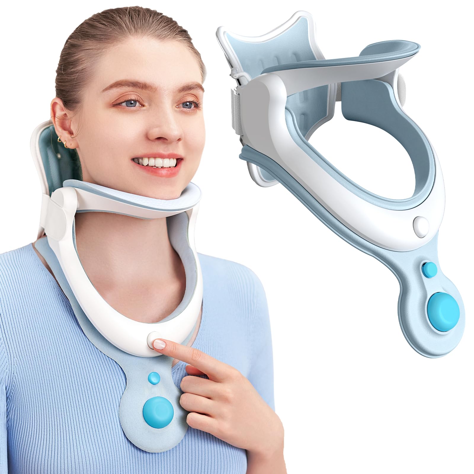 Photo 1 of RISURRY Cervical Neck Traction Device Neck Brace for Men and Women, Adjustable Neck Stretcher with 3 Power Tractions for Neck Pain Decompression Tension Relief (Inflatable)