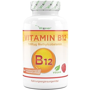 Vit4ever® Vitamin B12 1000 µg (mcg) - 240 Tabletten - Aktives B12 als Methylcobalamin - Methyl Lutschtabletten mit Himbeerges